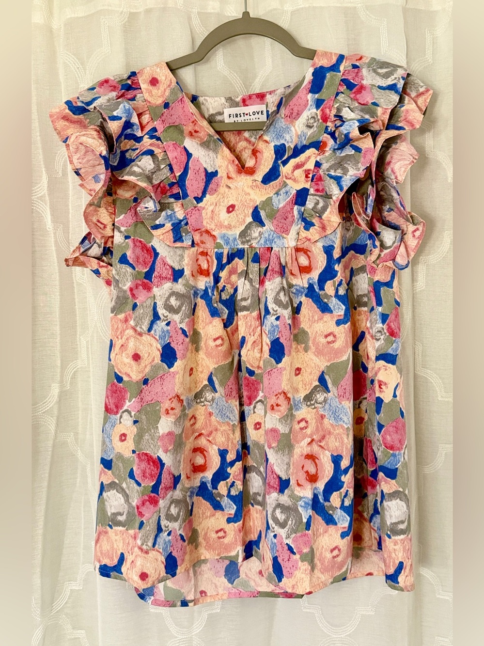 First Love Pink Blue Floral Flutter Sleeve Blouse Small